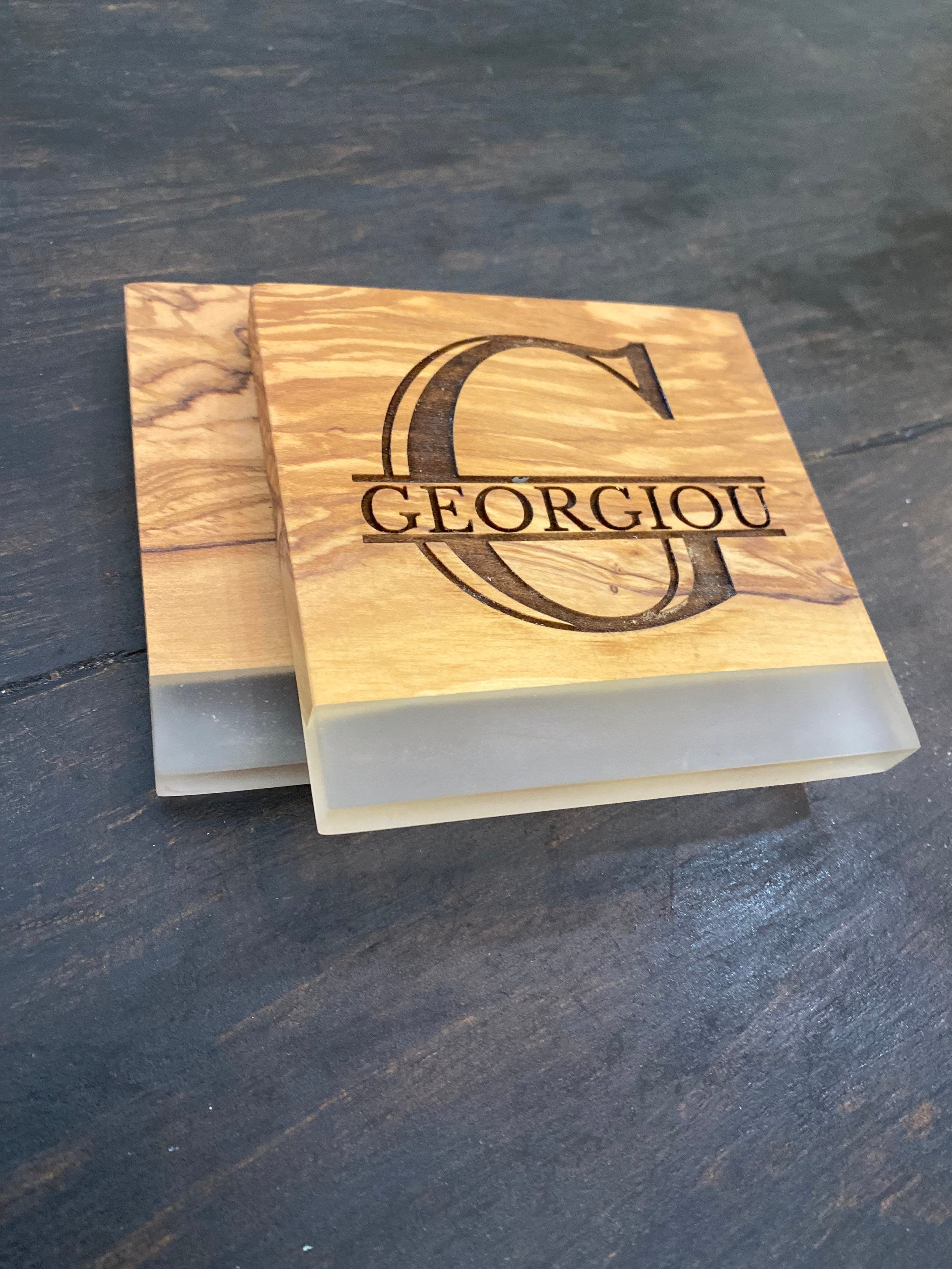Square Olive Wood coasters with clear epoxy resin shoreline